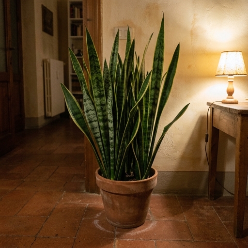Sansevieria trifasciata in vaso di cotto su pavimento di un appartamento italiano con luce artificiale fioca