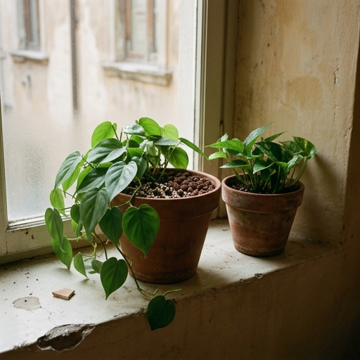 Filodendro e pothos in vasi di terracotta su davanzale interno con substrato e argilla espansa visibili