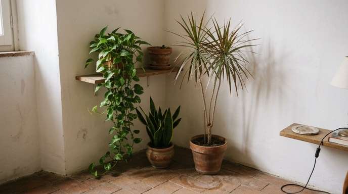 Angolo di un appartamento italiano con pothos e sansevieria in vasi di terracotta su pavimento in cotto