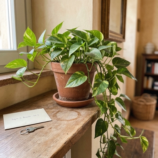 Pianta di pothos con foglie verdi e gialle in vaso di terracotta su mensola di legno, luce indiretta da finestra