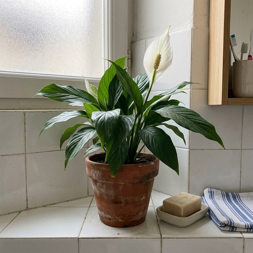 Spatifillo con foglia bianca aperta in vaso di cotto su piano del bagno, ambiente umido con piastrelle chiare