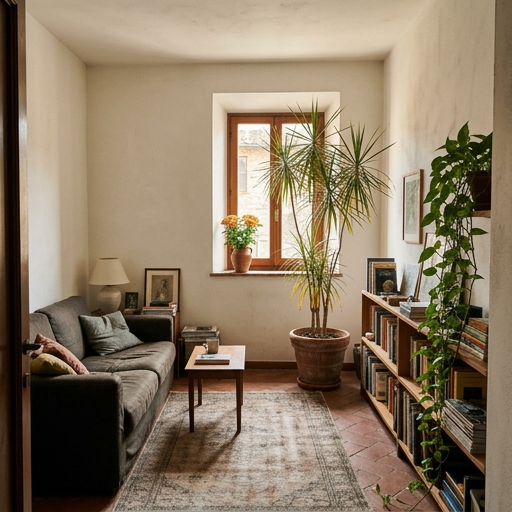 Soggiorno italiano con dracena, pothos e crisantemo distribuiti tra angolo e davanzale, piante non concentrate in un unico punto