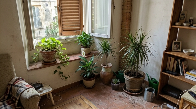Gruppo di piante da appartamento purificatrici su davanzale in luce diffusa, pothos e spatifillo in vasi di terracotta