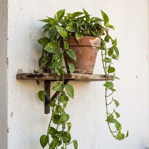 Pothos dorato in vaso di terracotta su mensola con tralci lunghi che scendono verso il pavimento del balcone