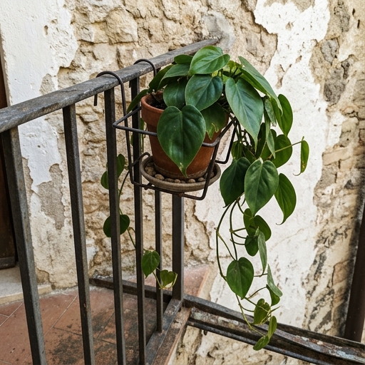 Filodendro hederaceum con foglie cuoriformi verdi che pendono da una ringhiera metallica di balcone