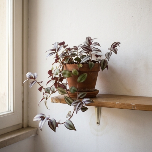 Tradescantia zebrina con foglie bicolori viola e argento in vaso di terracotta su mensola illuminata da luce est
