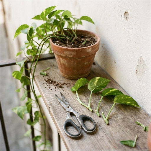 Forbici da giardino accanto a tralci potati di pothos su mensola con vaso di terracotta sullo sfondo