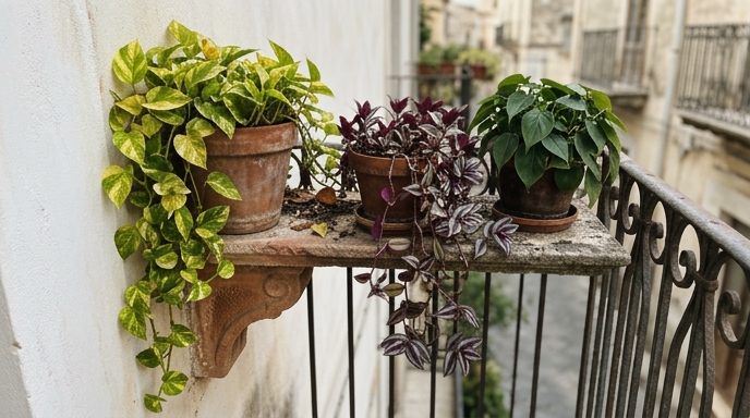 Pothos e tradescantia in vasi di terracotta su mensola di balcone con ringhiera in ferro battuto