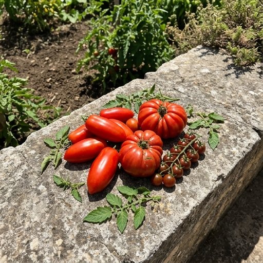 San Marzano, Cuore di Bue e Pachino su una superficie di pietra in un orto italiano
