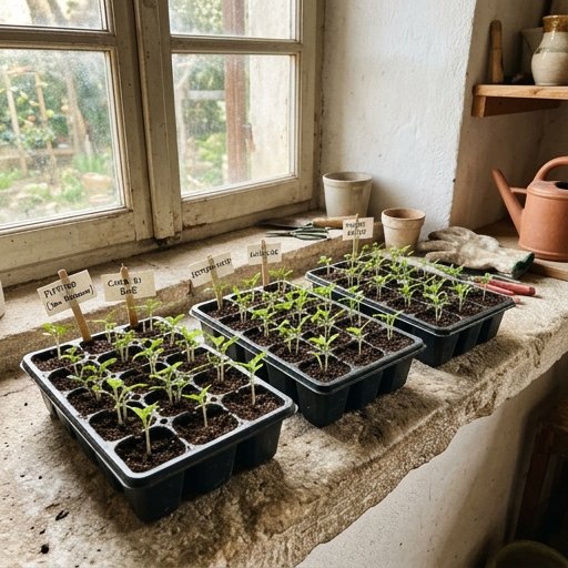 Vassoio con semenzaio di pomodori in germoglio su davanzale di finestra italiana