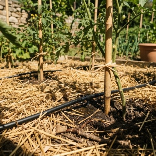Irrigazione a goccia tra le piante di pomodoro in un orto italiano con paglia come pacciamatura