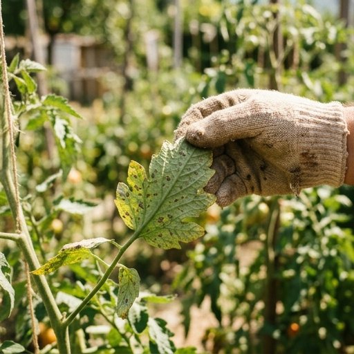 Foglie di pomodoro con segni di peronospora controllate da un giardiniere con guanti da lavoro