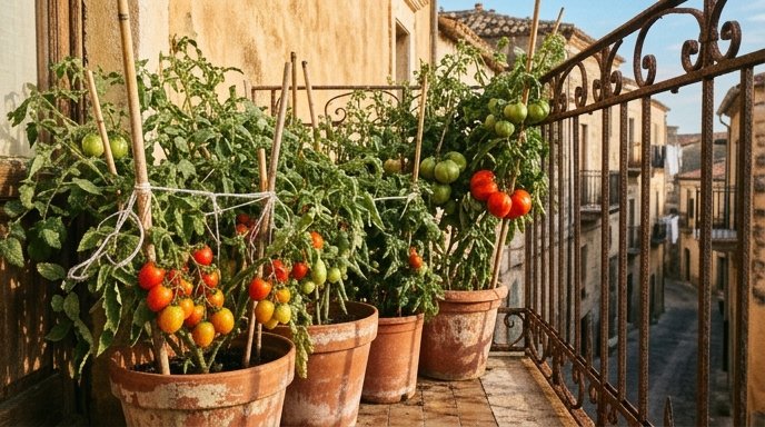 Vasi di terracotta con piante di pomodoro sul balcone di una casa italiana in estate