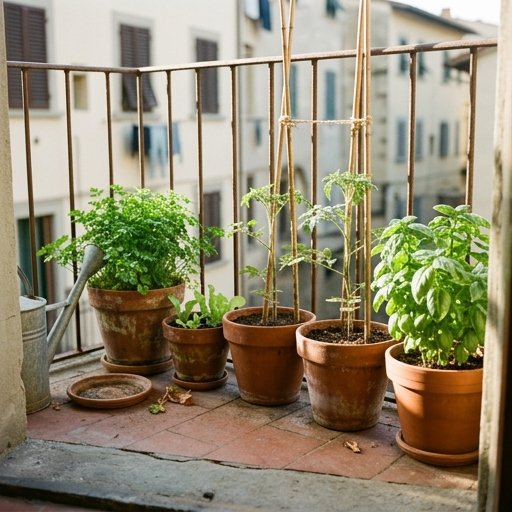 Vasi di terracotta con erbe aromatiche su balcone italiano, basilico e prezzemolo in luce mattutina