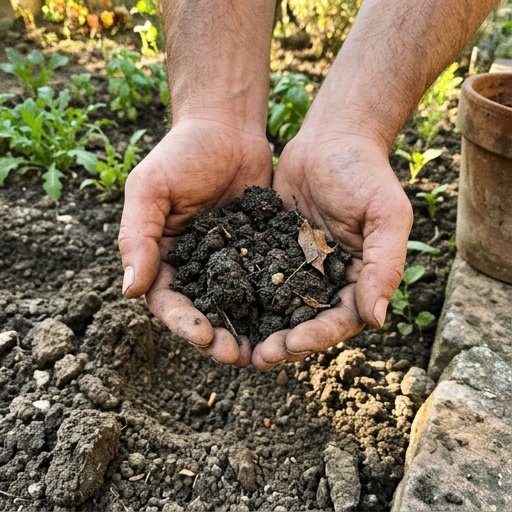 Mani che controllano la terra dell'orto, suolo scuro e friabile in un giardino italiano