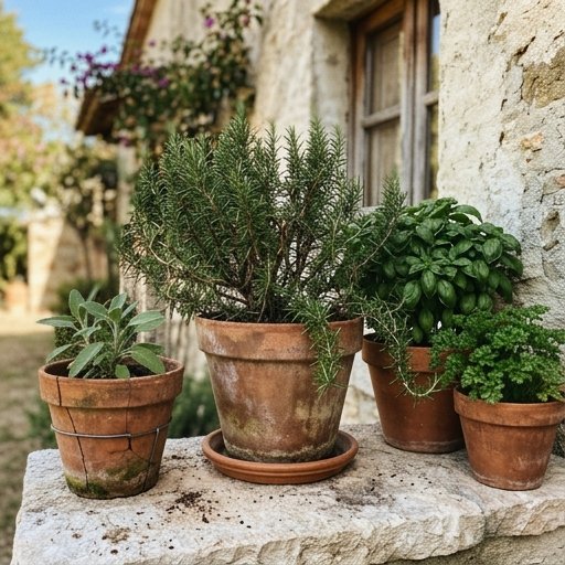 Piantine di rosmarino e basilico in vasi di cotto su una pietra, erbe aromatiche mediterranee