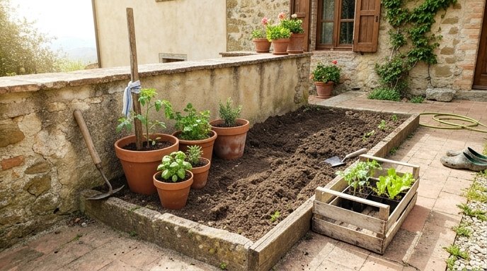 Piccolo orto familiare italiano con vasi di terracotta, piantine di pomodoro e basilico, cortile soleggiato