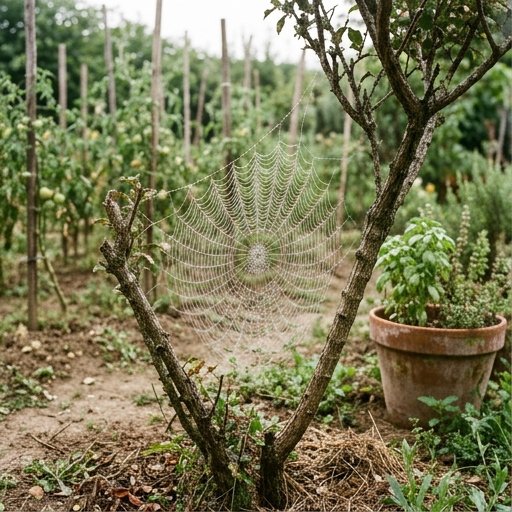 Grande ragnatela orbitale con gocce di rugiada tesa tra arbusti nell'orto di casa italiano al mattino