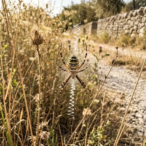Ragno lupo Lycosidae grigio-marrone tra lettiera di foglie secche e corteccia in aiuola di giardino italiano