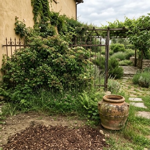 Siepe mista di biancospino e sambuco con erba alta non tagliata lungo recinzione in ferro battuto in giardino italiano