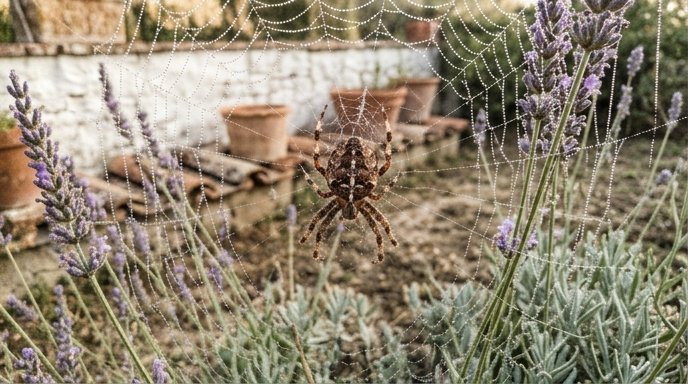Ragno crociato Araneus diadematus al centro di ragnatela rugiadosa tra steli di lavanda in giardino italiano