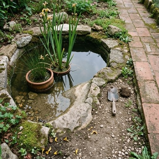 Vaso di terracotta rovesciato usato come rifugio per rospi in un angolo ombreggiato del giardino con catasta di pietre