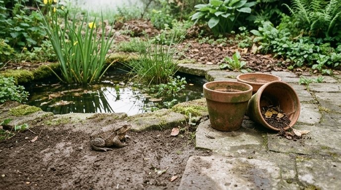 Rospo comune su pietra calcarea vicino a un piccolo laghetto da giardino circondato da iris gialli