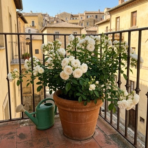 Rosa Iceberg in vaso grande sul balcone soleggiato, fiori bianchi doppi con fogliame verde brillante