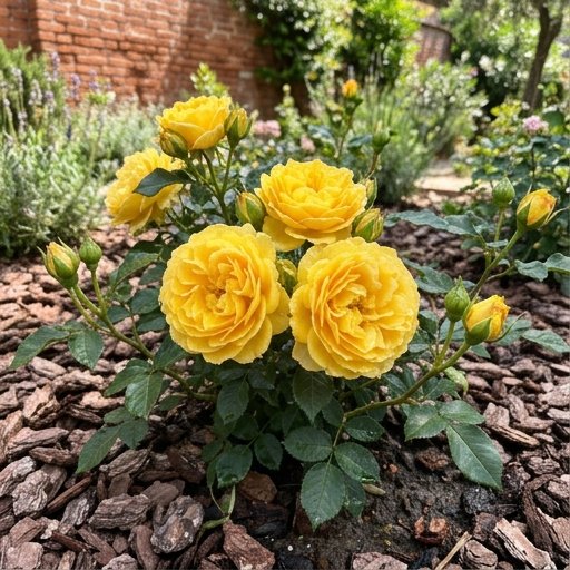Rosa Sunsprite gialla in aiuola con pacciamatura di corteccia, garden mediterraneo in estate