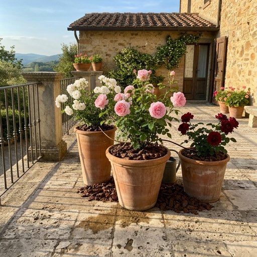 Vasi con rose potate e pacciamati su terrazza in pietra, cura estiva in giardino mediterraneo