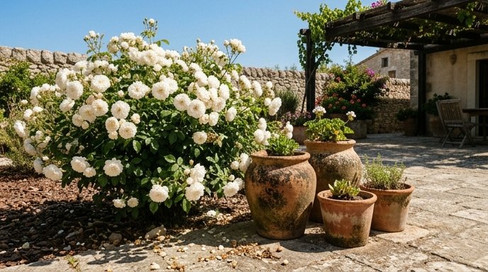Cespuglio di rose bianche Iceberg in fiore in un cortile mediterraneo con vasi in terracotta e muro di pietra