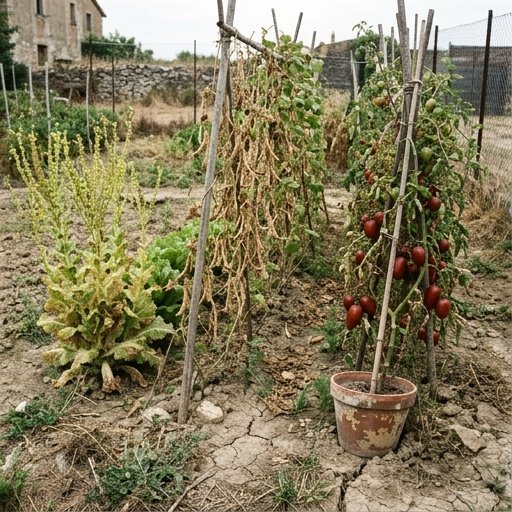 Vasi di terracotta con pomodori, fagioli e lattuga in un piccolo orto italiano a fine estate