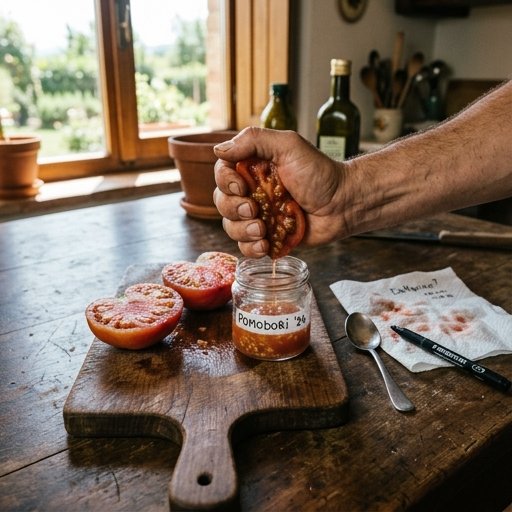 Mani che selezionano semi da pomodori maturi su un tagliere di legno scuro in una cucina italiana