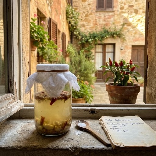 Macerazione di aglio e peperoncino in un barattolo di vetro coperto da garza, su davanzale soleggiato con vaso di terracotta sullo sfondo