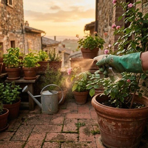 Mano con guanto che spruzza spray aglio e peperoncino sulla pagina inferiore delle foglie di rosa al tramonto in un orto terrazzato
