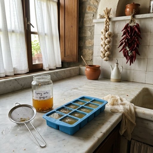 Stampi per ghiaccio con cubetti di infuso d'aglio e peperoncino congelati su piano di marmo in cucina rustica italiana