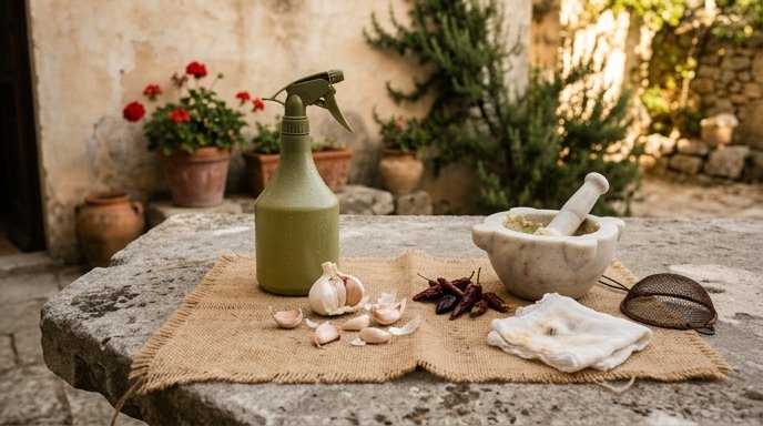 Nebulizzatore artigianale con spray di aglio e peperoncino accanto a spicchi d'aglio e peperoncini secchi su tavolo di pietra in cortile