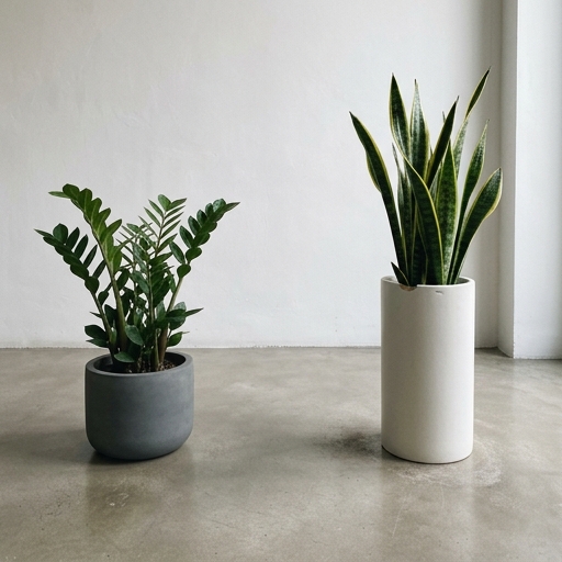 Sansevieria e zamioculcas in vasi geometrici bianchi su pavimento in cemento levigato, stile minimalista