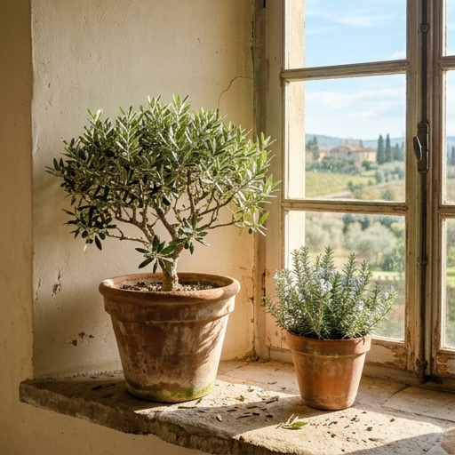 Ulivo nano e rosmarino in vasi di terracotta su davanzale soleggiato di cucina toscana rustica