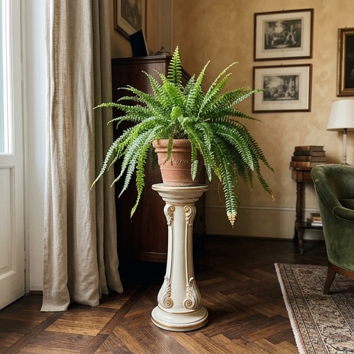 Felce nefrolepis su alzatina in ceramica bianca con bordi dorati in salotto classico con parquet