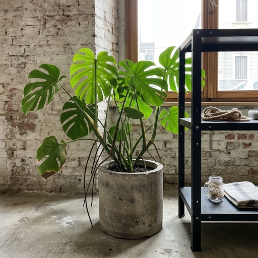 Monstera deliciosa in vaso di cemento grezzo accanto a scaffale metallico in appartamento stile industriale