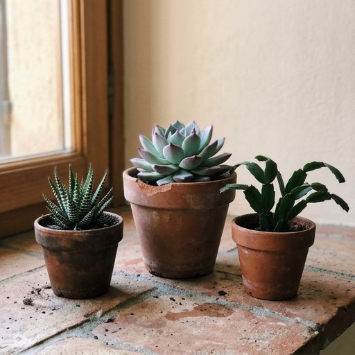 Echeveria, haworthia e cactus di Natale in vasi di cotto su un davanzale con luce diffusa