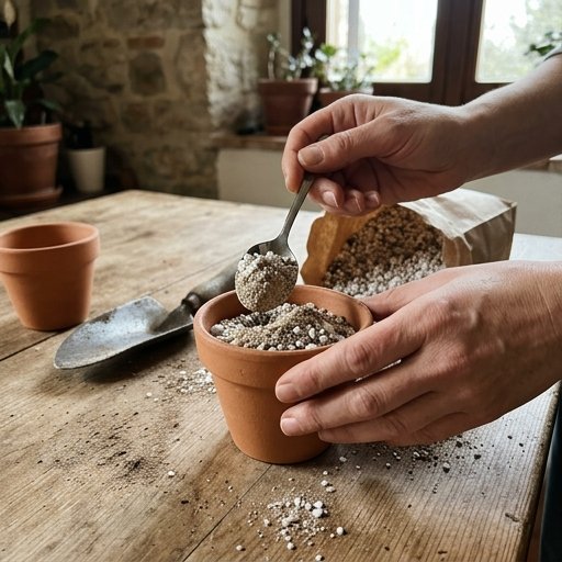 Mani che versano mix di perlite e terriccio in un vaso di terracotta per succulente
