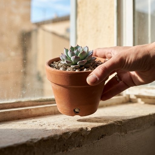 Vaso di succulenta sollevato da una mano per verificare il peso e controllare l'umidità del substrato