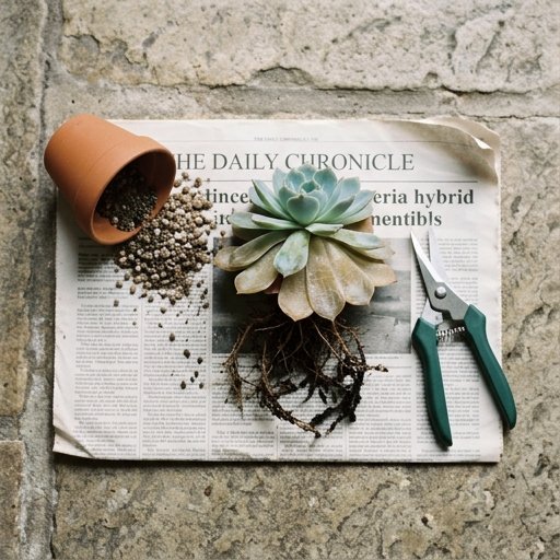 Echeveria con foglie basali molli e marciume radicale estratta dal vaso su carta di giornale