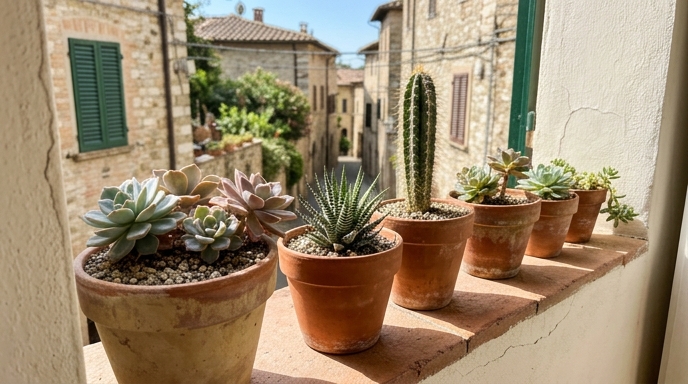 Collezione di succulente ed echeverie in vasi di terracotta su un davanzale soleggiato a sud