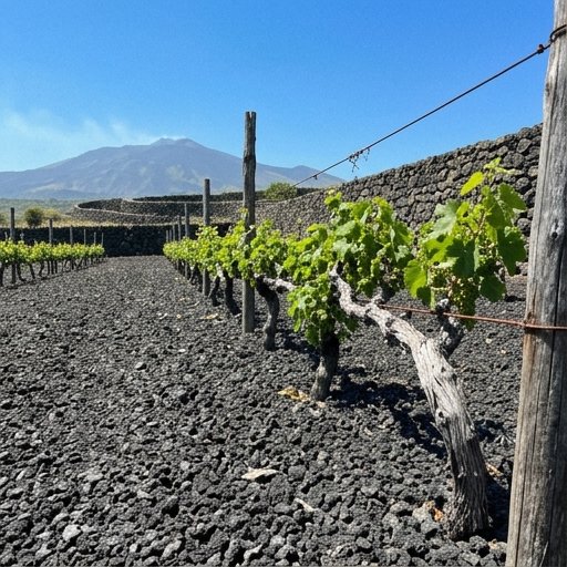 Viti di Nerello Mascalese su sciara lavica nera dell'Etna con lapillo vulcanico in superficie