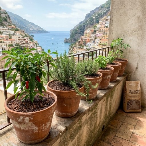 Vasi di terracotta con pozzolana rossa e substrato vulcanico su balcone mediterraneo con peperoni e rosmarino