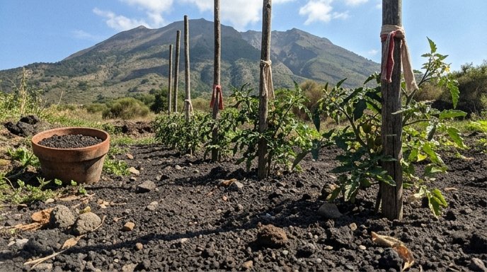 Terra vulcanica nera a grana grossa in un orto campano con pomodorini del Piennolo alle pendici del Vesuvio