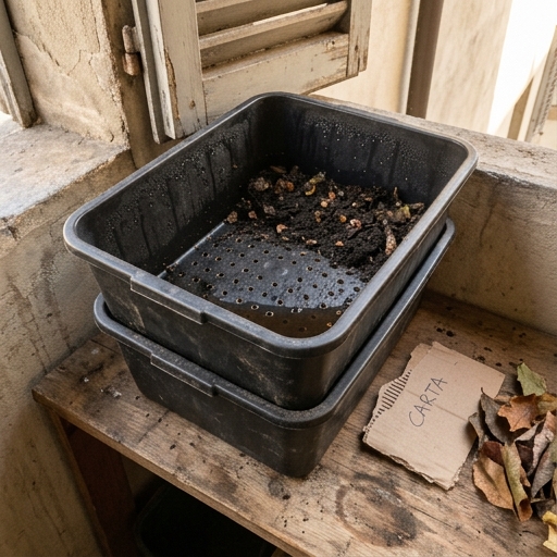 Lombricompostiere fai-da-te con due contenitori di plastica opaca sovrapposti, fori sul fondo del vassoio interno visibili